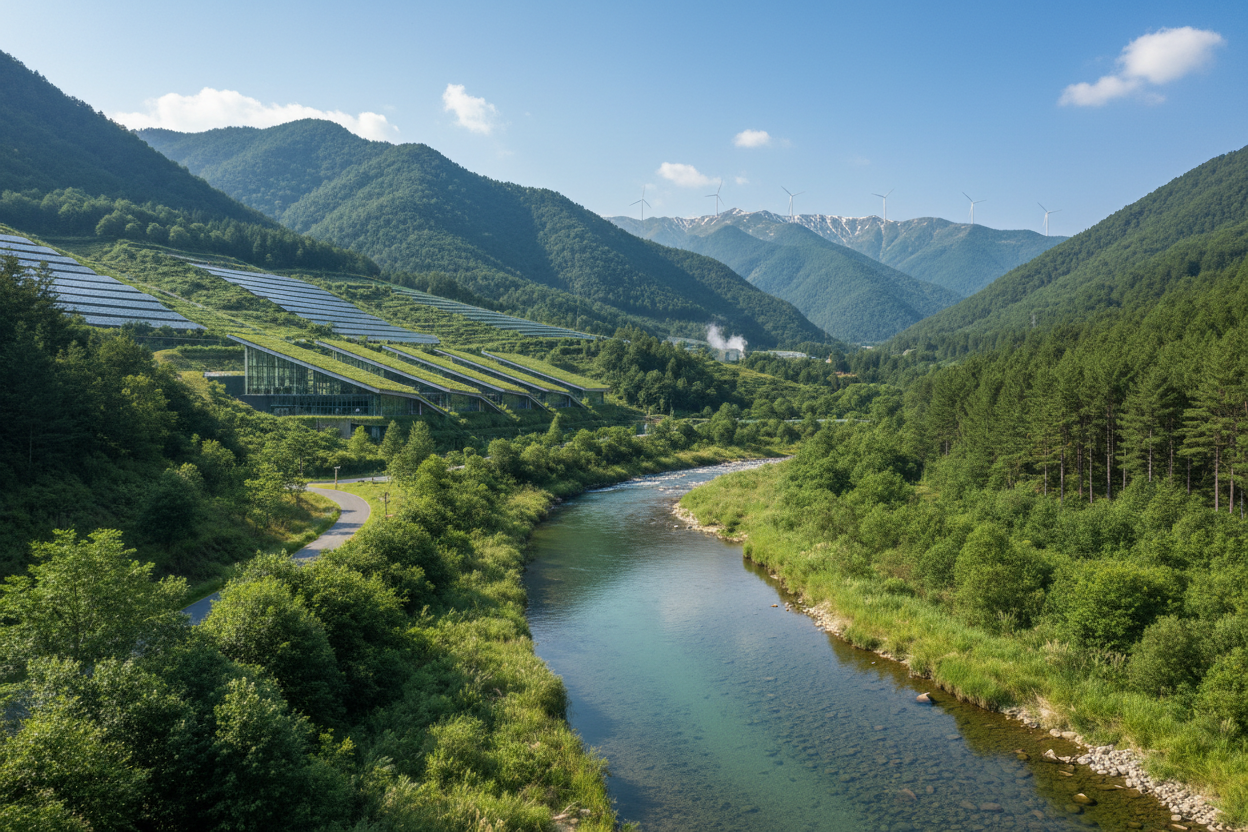 a mountain scene that represents sustainable production